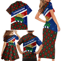 Cayman Islands Xmas Family Matching Short Sleeve Bodycon Dress and Hawaiian Shirt Christmas Plaid Turtle and Coat of Arms Red Green Blue - Wonder Print Shop