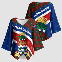 Cayman Islands Xmas Kimono Sleeve Blouse Christmas Plaid Turtle and Coat of Arms Red Green Blue - Wonder Print Shop