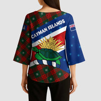Cayman Islands Xmas Kimono Sleeve Blouse Christmas Plaid Turtle and Coat of Arms Red Green Blue - Wonder Print Shop