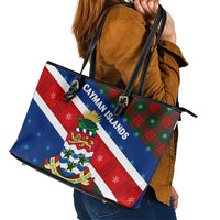Cayman Islands Xmas Leather Tote Bag Christmas Plaid Turtle and Coat of Arms Red Green Blue - Wonder Print Shop
