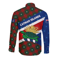 Cayman Islands Xmas Long Sleeve Button Shirt Christmas Plaid Turtle and Coat of Arms Red Green Blue - Wonder Print Shop