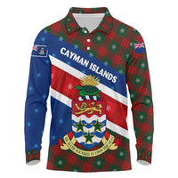 Cayman Islands Xmas Long Sleeve Polo Shirt Christmas Plaid Turtle and Coat of Arms Red Green Blue - Wonder Print Shop