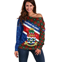 Cayman Islands Xmas Off Shoulder Sweater Christmas Plaid Turtle and Coat of Arms Red Green Blue - Wonder Print Shop