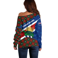 Cayman Islands Xmas Off Shoulder Sweater Christmas Plaid Turtle and Coat of Arms Red Green Blue - Wonder Print Shop