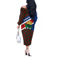 Cayman Islands Xmas Off The Shoulder Long Sleeve Dress Christmas Plaid Turtle and Coat of Arms Red Green Blue - Wonder Print Shop