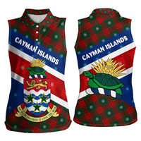 Cayman Islands Xmas Women Sleeveless Polo Shirt Christmas Plaid Turtle and Coat of Arms Red Green Blue - Wonder Print Shop