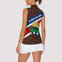 Cayman Islands Xmas Women Sleeveless Polo Shirt Christmas Plaid Turtle and Coat of Arms Red Green Blue - Wonder Print Shop