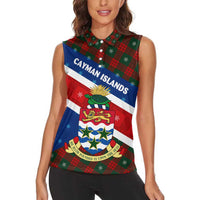 Cayman Islands Xmas Women Sleeveless Polo Shirt Christmas Plaid Turtle and Coat of Arms Red Green Blue - Wonder Print Shop