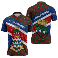 Cayman Islands Xmas Zipper Polo Shirt Christmas Plaid Turtle and Coat of Arms Red Green Blue - Wonder Print Shop