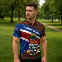 Cayman Islands Xmas Zipper Polo Shirt Christmas Plaid Turtle and Coat of Arms Red Green Blue - Wonder Print Shop