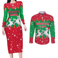 Christmas Burkina Faso Couples Matching Long Sleeve Bodycon Dress and Long Sleeve Button Shirt Snowflake Horses and Coat of Arms - Wonder Print Shop