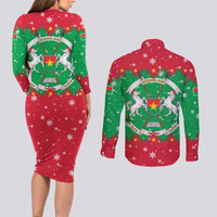 Christmas Burkina Faso Couples Matching Long Sleeve Bodycon Dress and Long Sleeve Button Shirt Snowflake Horses and Coat of Arms - Wonder Print Shop