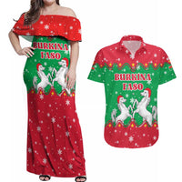 Christmas Burkina Faso Couples Matching Off Shoulder Maxi Dress and Hawaiian Shirt Snowflake Horses and Coat of Arms - Wonder Print Shop