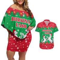 Christmas Burkina Faso Couples Matching Off Shoulder Short Dress and Hawaiian Shirt Snowflake Horses and Coat of Arms - Wonder Print Shop