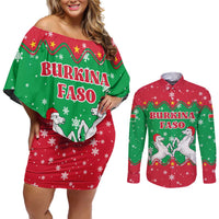 Christmas Burkina Faso Couples Matching Off Shoulder Short Dress and Long Sleeve Button Shirt Snowflake Horses and Coat of Arms - Wonder Print Shop