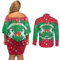 Christmas Burkina Faso Couples Matching Off Shoulder Short Dress and Long Sleeve Button Shirt Snowflake Horses and Coat of Arms - Wonder Print Shop