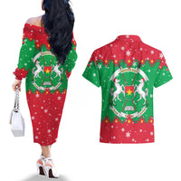Christmas Burkina Faso Couples Matching Off The Shoulder Long Sleeve Dress and Hawaiian Shirt Snowflake Horses and Coat of Arms - Wonder Print Shop