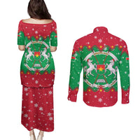 Christmas Burkina Faso Couples Matching Puletasi and Long Sleeve Button Shirt Snowflake Horses and Coat of Arms - Wonder Print Shop