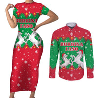 Christmas Burkina Faso Couples Matching Short Sleeve Bodycon Dress and Long Sleeve Button Shirt Snowflake Horses and Coat of Arms - Wonder Print Shop