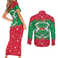 Christmas Burkina Faso Couples Matching Short Sleeve Bodycon Dress and Long Sleeve Button Shirt Snowflake Horses and Coat of Arms - Wonder Print Shop