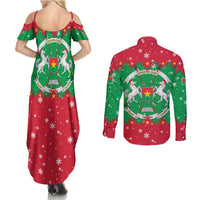 Christmas Burkina Faso Couples Matching Summer Maxi Dress and Long Sleeve Button Shirt Snowflake Horses and Coat of Arms - Wonder Print Shop