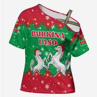 Christmas Burkina Faso Cross Shoulder Shirt Snowflake Horses and Coat of Arms - Wonder Print Shop