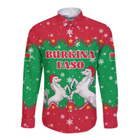 Christmas Burkina Faso Long Sleeve Button Shirt Snowflake Horses and Coat of Arms - Wonder Print Shop