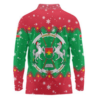 Christmas Burkina Faso Long Sleeve Polo Shirt Snowflake Horses and Coat of Arms - Wonder Print Shop