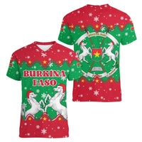 Christmas Burkina Faso Women V-Neck T-Shirt Snowflake Horses and Coat of Arms - Wonder Print Shop