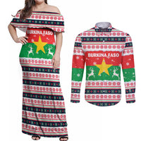 Christmas Burkina Faso Couples Matching Off Shoulder Maxi Dress and Long Sleeve Button Shirt Reindeer Star Design - Wonder Print Shop