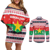 Christmas Burkina Faso Couples Matching Off Shoulder Short Dress and Long Sleeve Button Shirt Reindeer Star Design - Wonder Print Shop
