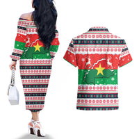 Christmas Burkina Faso Couples Matching Off The Shoulder Long Sleeve Dress and Hawaiian Shirt Reindeer Star Design - Wonder Print Shop