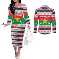 Christmas Burkina Faso Couples Matching Off The Shoulder Long Sleeve Dress and Long Sleeve Button Shirt Reindeer Star Design - Wonder Print Shop