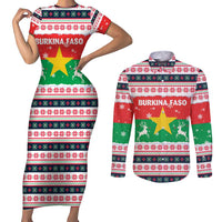 Christmas Burkina Faso Couples Matching Short Sleeve Bodycon Dress and Long Sleeve Button Shirt Reindeer Star Design - Wonder Print Shop