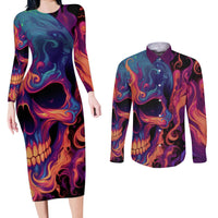 Colorful Fire Skull Couples Matching Long Sleeve Bodycon Dress and Long Sleeve Button Shirts I'm not rude i just have the balls to say what everyone else is Thingking - Wonder Print Shop