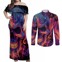 Colorful Fire Skull Couples Matching Off Shoulder Maxi Dress and Long Sleeve Button Shirts I'm not rude i just have the balls to say what everyone else is Thingking - Wonder Print Shop