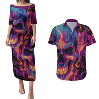 Colorful Fire Skull Couples Matching Puletasi Dress and Hawaiian Shirt I'm not rude i just have the balls to say what everyone else is Thingking - Wonder Print Shop
