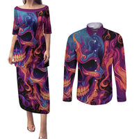 Colorful Fire Skull Couples Matching Puletasi Dress and Long Sleeve Button Shirts I'm not rude i just have the balls to say what everyone else is Thingking - Wonder Print Shop