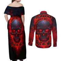 Horror Skull Couples Matching Off Shoulder Maxi Dress and Long Sleeve Button Shirts If Karma Doesn't Hit You Trust me I Will - Wonder Print Shop