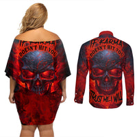 Horror Skull Couples Matching Off Shoulder Short Dress and Long Sleeve Button Shirts If Karma Doesn't Hit You Trust me I Will - Wonder Print Shop