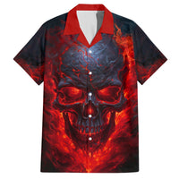 Men’s black button-up Hawaiian shirt with red horror skull graphic on front