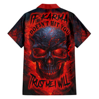 Men’s black button-up Hawaiian shirt with red horror skull graphic on back