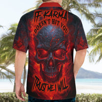 Horror skull Hawaiian shirt back view in black and red with text graphic