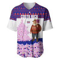 Costa Rica Christmas Baseball Jersey with Santa Claus Pink Orchid Tree National Emblem and Festive Pattern Design - Wonder Print Shop