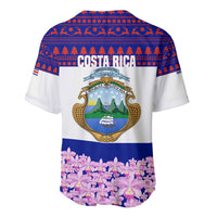 Costa Rica Christmas Baseball Jersey with Santa Claus Pink Orchid Tree National Emblem and Festive Pattern Design - Wonder Print Shop