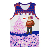 Costa Rica Christmas Basketball Jersey with Santa Claus Pink Orchid Tree National Emblem and Festive Pattern Design - Wonder Print Shop
