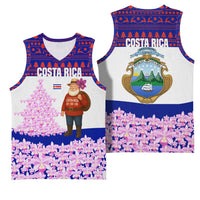 Costa Rica Christmas Basketball Jersey with Santa Claus Pink Orchid Tree National Emblem and Festive Pattern Design - Wonder Print Shop