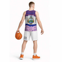 Costa Rica Christmas Basketball Jersey with Santa Claus Pink Orchid Tree National Emblem and Festive Pattern Design - Wonder Print Shop
