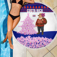 Costa Rica Christmas Beach Blanket with Santa Claus Pink Orchid Tree National Emblem and Festive Pattern Design - Wonder Print Shop