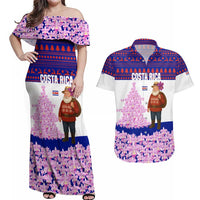 Costa Rica Christmas Couples Matching Off Shoulder Maxi Dress and Hawaiian Shirt with Santa Claus Pink Orchid Tree National Emblem and Festive Pattern Design - Wonder Print Shop